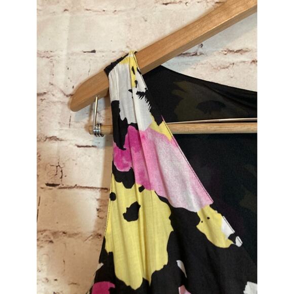 Old Navy Maxi Dress Womens 12 Black Pink Watercolor Floral Full Length Flowy Zip - Picture 7 of 16